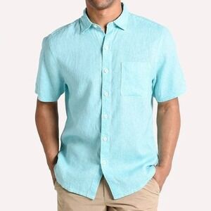 Tommy Bahama XL Linen Short Sleeve Button Up Shirt Aqua Blue‎ Menswear